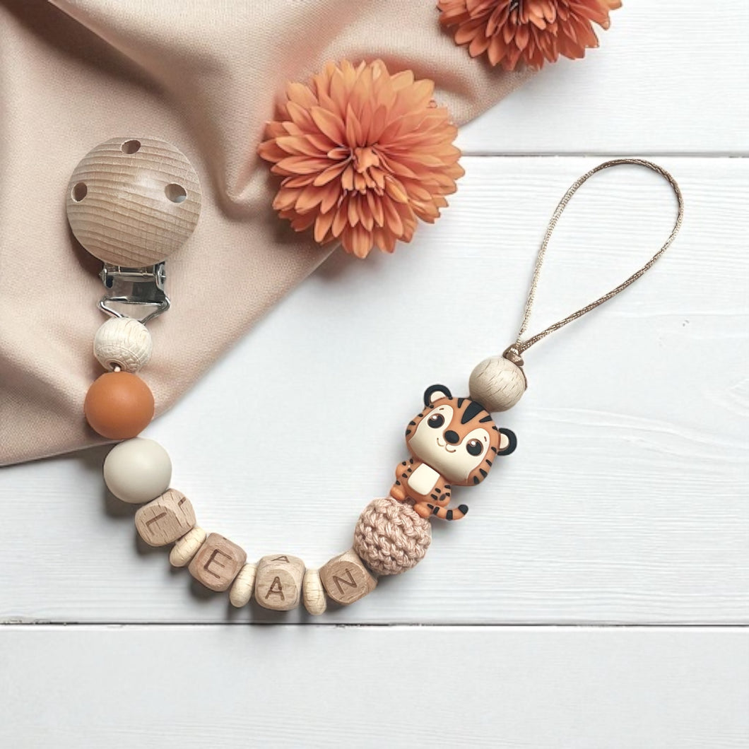Schnullerkette mit Namen Tiger Holz Silikon beige orange