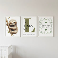 Charger l'image dans la galerie, Bilder Poster Set für Kinderzimmer  Wanddeko Dekoration Baby personalisiert Geschenk zur Geburt Junge Faultier
