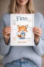 Load image into Gallery viewer, Geburtsposter Kinderzimmer Bild Poster Junge Wanddeko Babyzimmer Dekoration personalisiert mit Namen Fuchs
