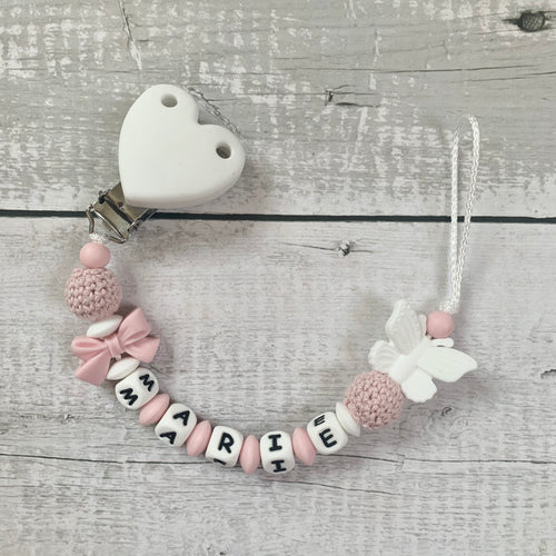 Schnullerkette mit Namen personalisiert Mädchen aus Silikon rosa weiß Schmetterling 