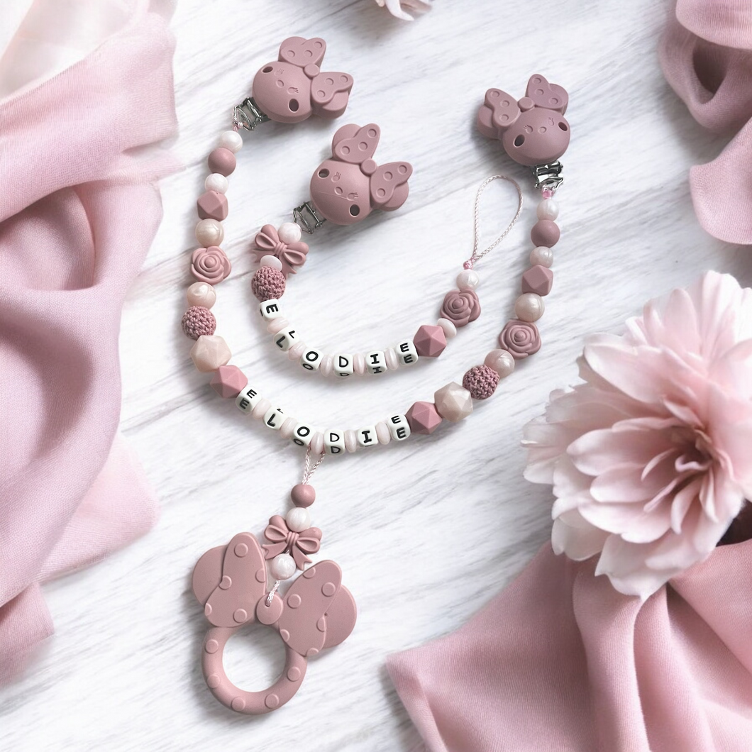 Schnullerkette Set Mädchen mit Namen Kinderwagenkette personalisiert altrosa Silikon