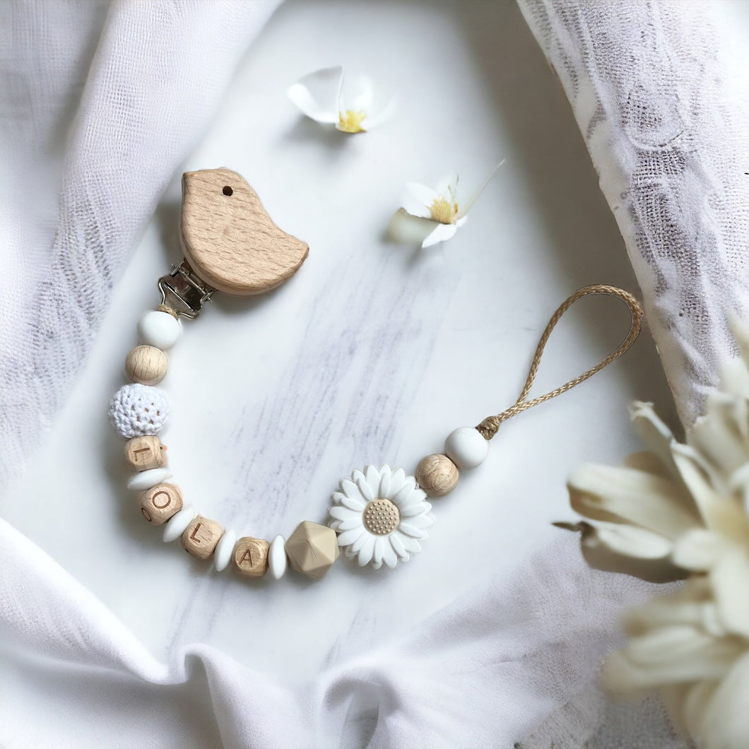 Schnullerkette Nuckelkette mit Namen Silikon Holz Blume