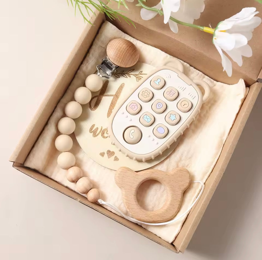 Baby Geschenkset Schnullerkette Beißring Holzschild zur Geburt Holz Silikon nur ohne Namen möglich