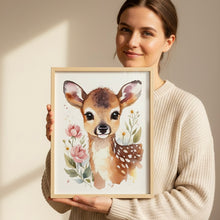 Charger l'image dans la galerie, Kinderzimmer Bilder 3 Poster Set Wanddeko Babyzimmer Dekoration Mädchen altrosa Reh Blumen
