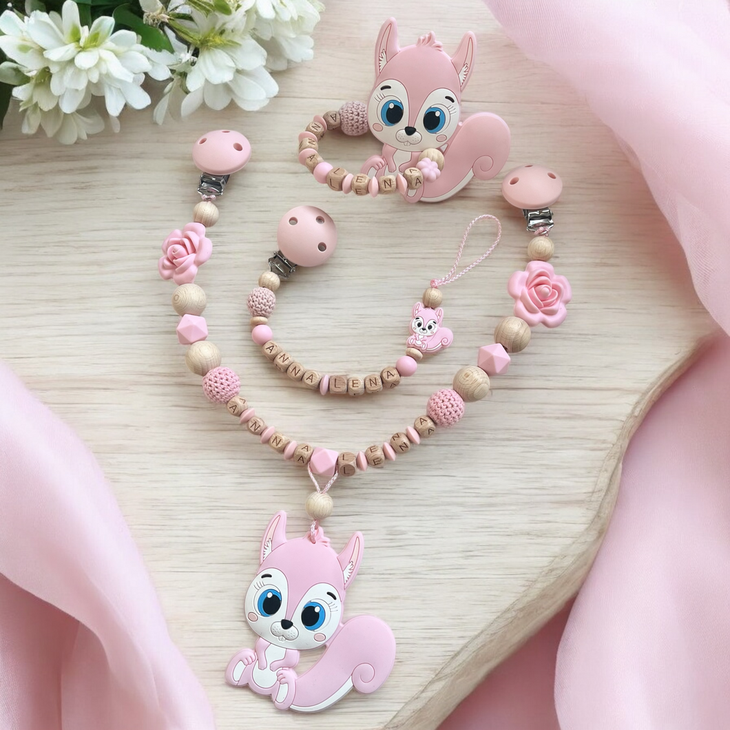 Schnullerkette Set mit Namen personalisiert Silikon Mädchen rosa Holz Eichhörnchen