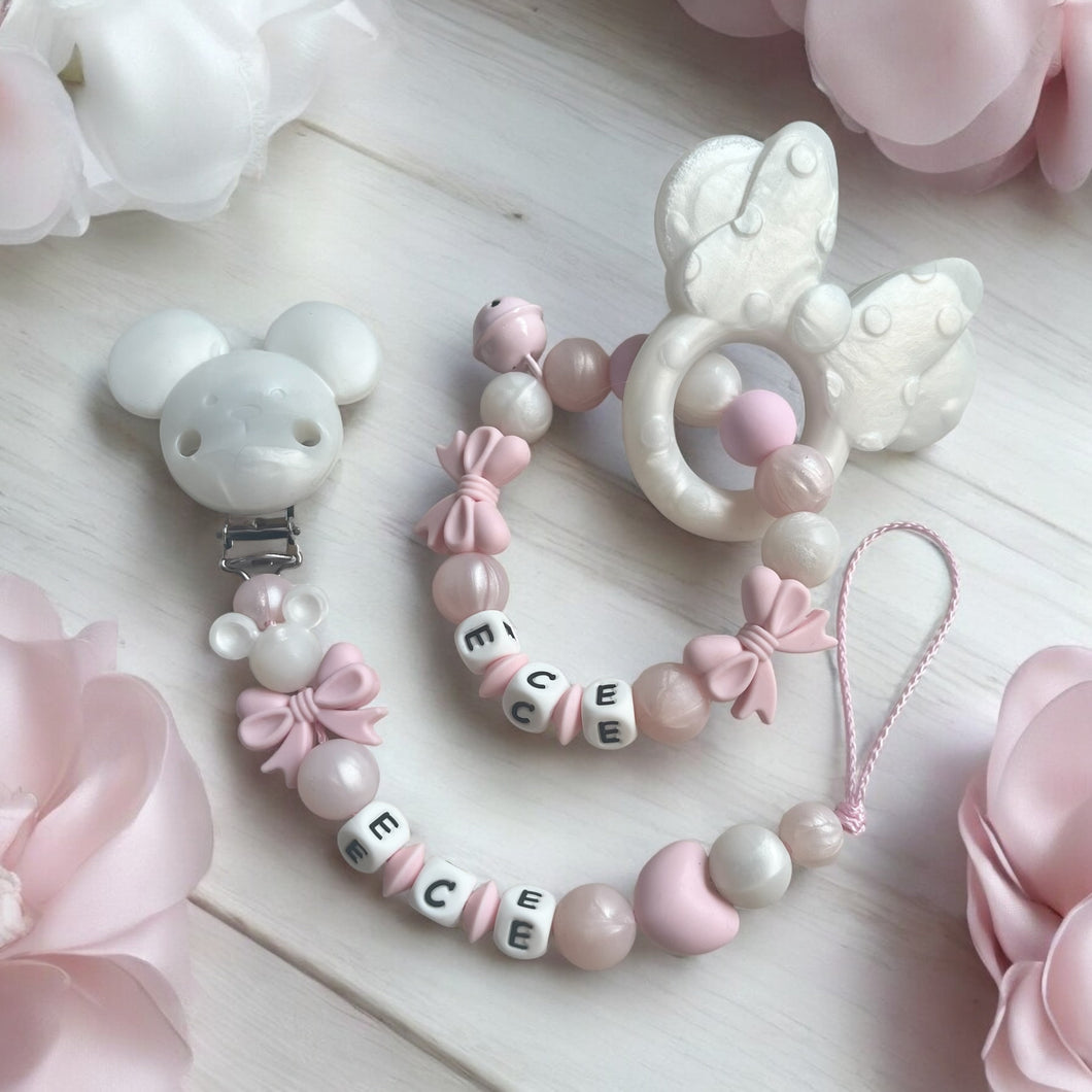 Schnullerkette Set mit Namen Mädchen personalisiert rosa weiß Silikon