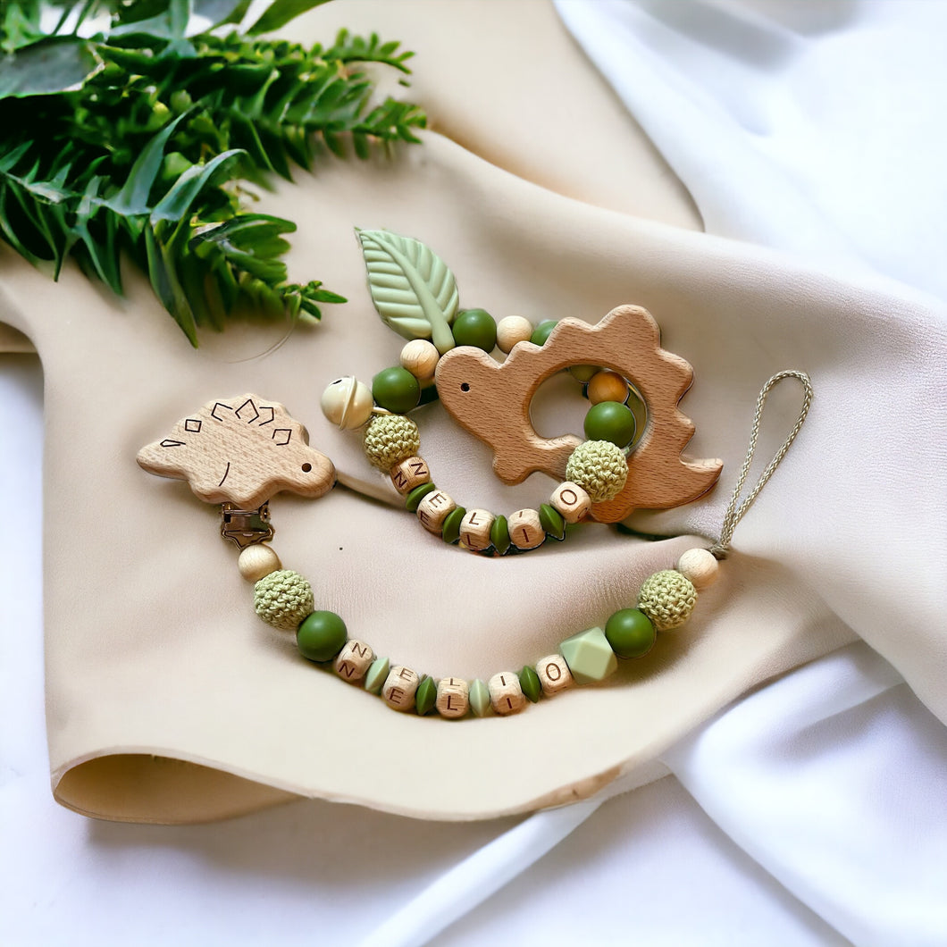 Schnullerkette Set Junge personalisiert Holz mit Namen Dino grün