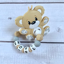 Load image into Gallery viewer, Greifring Beißring mit Namen Silikon Bär Teddy für Jungen Baby Geschenk
