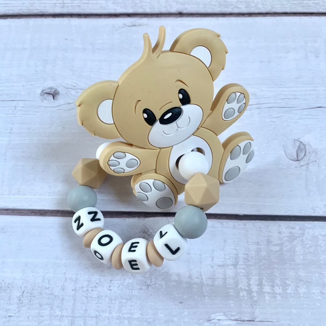 Greifring Beißring mit Namen Silikon Bär Teddy für Jungen Baby Geschenk