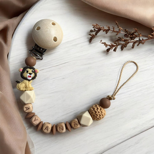 Schnullerkette mit Namen Löwe Holz Silikon beige braun personalisiert