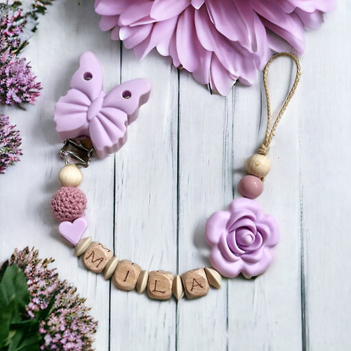 Schnullerkette mit Namen Mädchen Schmetterling Blume personalisiert 