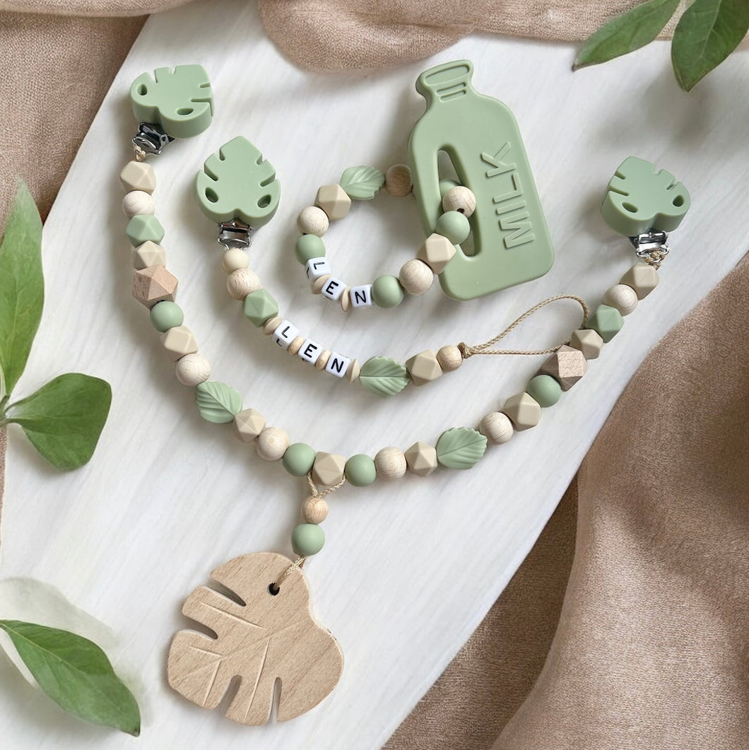 Schnullerkette Set mit Namen personalisiert Holz Silikon Greifring Kinderwagenkette