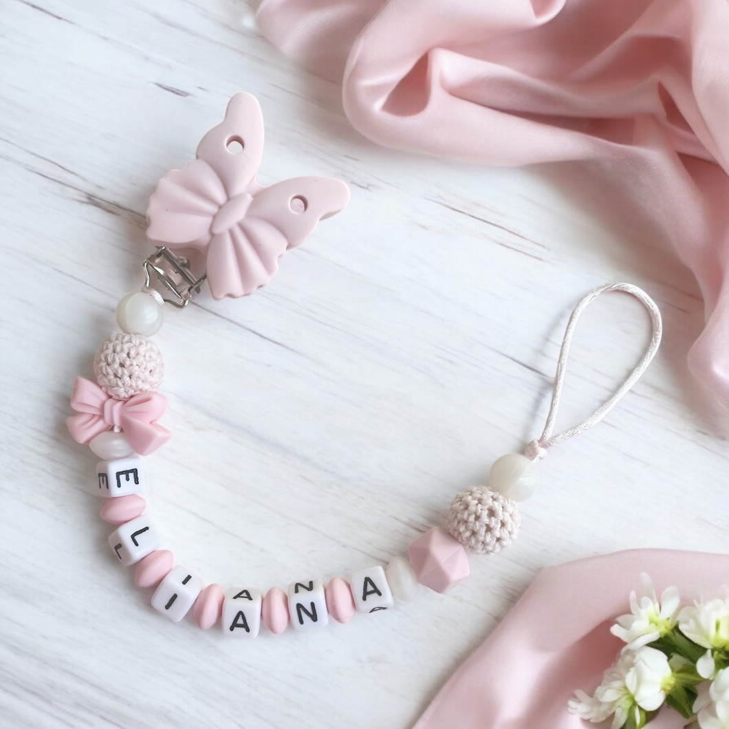 Mädchen Schnullerkette personalisiert mit Namen rosa Silikon Schmetterling