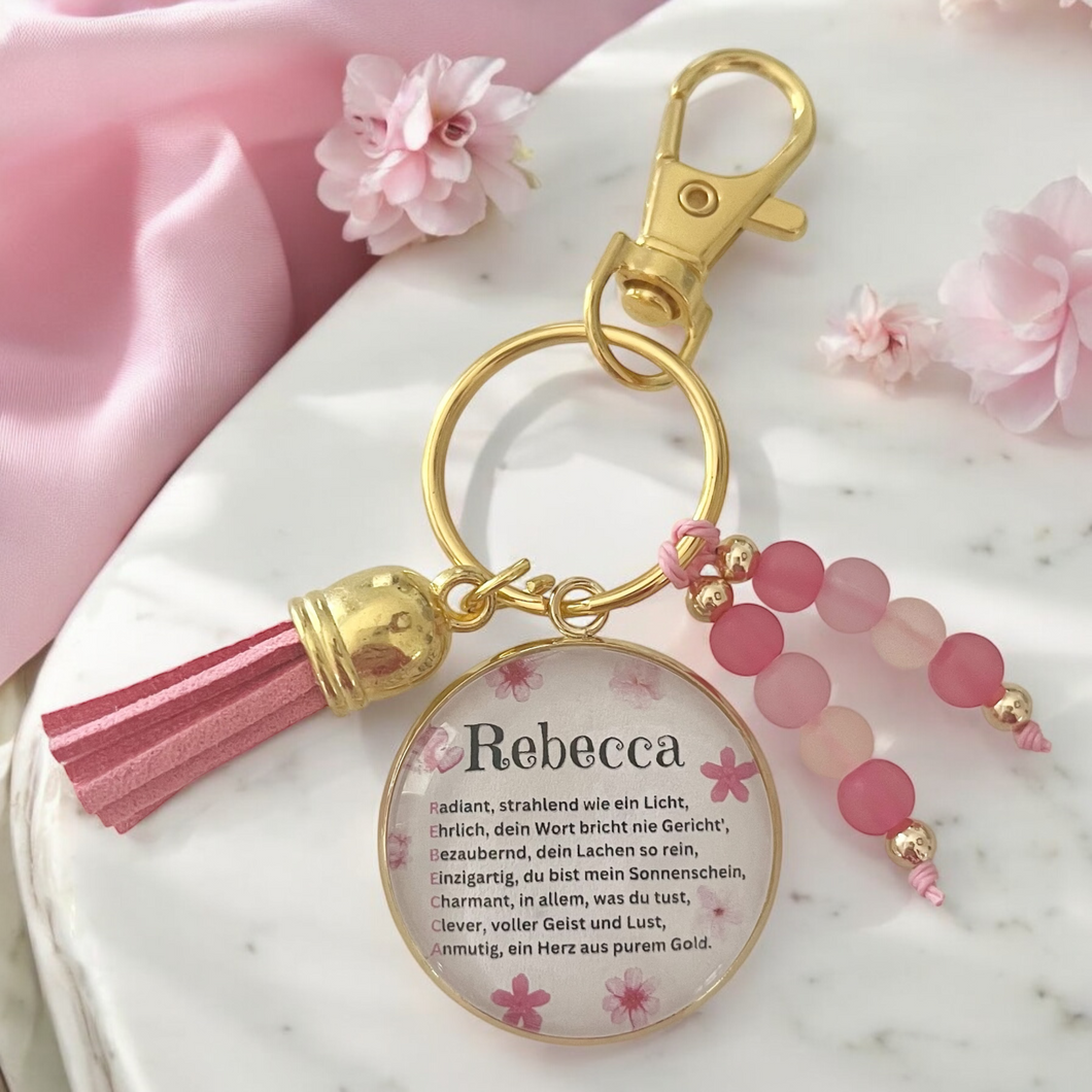 Schlüsselanhänger mit Namen personalisiert persönlich individuell Taschenanhänger Glücksbringer gold rosa Geschenk