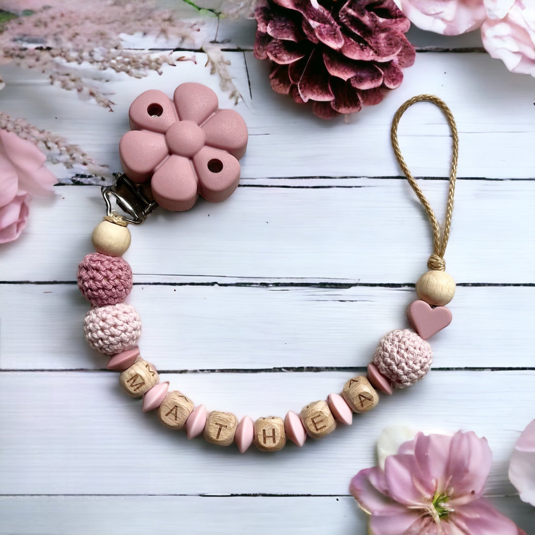 Schnullerkette mit Namen personalisiert Mädchen Naturholz rosa altrosa Blume