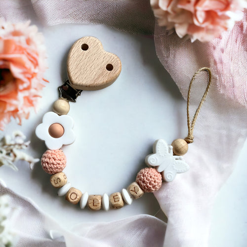 Schnullerkette mit Namen Mädchen Holz gehäkelt 