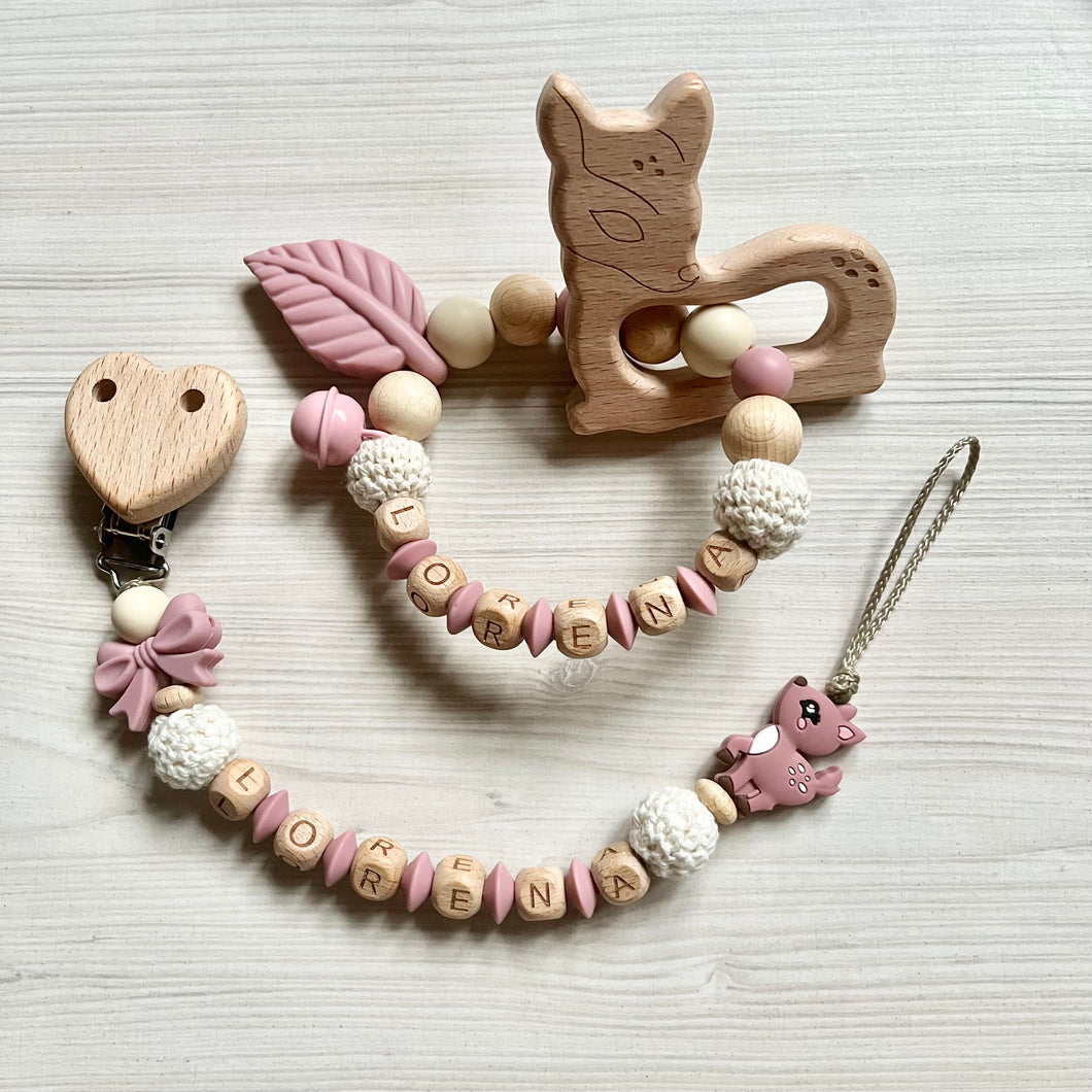 Schnullerkette Set personalisiert Holz mit Namen Reh altrosa