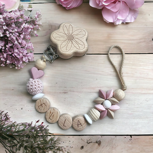 Schnullerkette mit Namen Mädchen Naturholz Blume