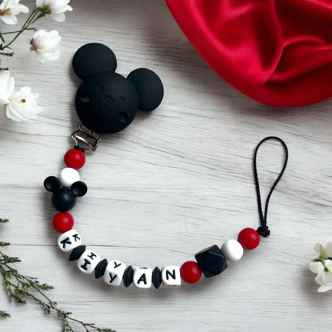 Schnullerkette mit Namen Mickey Maus rot schwarz Silikon personalisiert bestellen