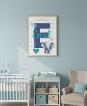 Load image into Gallery viewer, Geburtsposter Kinderzimmer Bild Poster Junge Wanddeko Babyzimmer Dekoration personalisiert mit Namen Elefant
