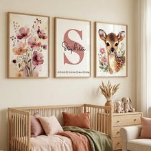 Charger l'image dans la galerie, Kinderzimmer Bilder 3 Poster Set Wanddeko Babyzimmer Dekoration Mädchen altrosa Reh Blumen
