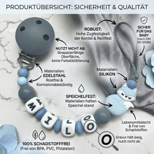 Charger l'image dans la galerie, Personalisierte Schnullerkette mit Namen für Jungen blau grau Silikon
