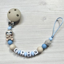 Load image into Gallery viewer, Schnullerkette mit Namen für Jungen personalisiert blau beige Silikon Faultier
