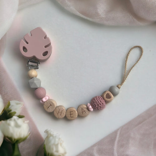 Schnullerkette personalisiert Mädchen Holz Silikon Blatt