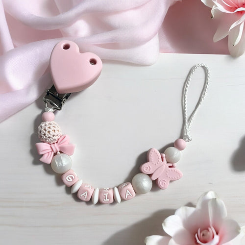 Schnullerkette mit Namen Mädchen rosa Silikon Schmetterling 