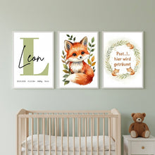 Load image into Gallery viewer, Bilder Set für Kinderzimmer  Wanddeko Dekoration Baby personalisiert Geschenk zur Geburt Junge Fuchs
