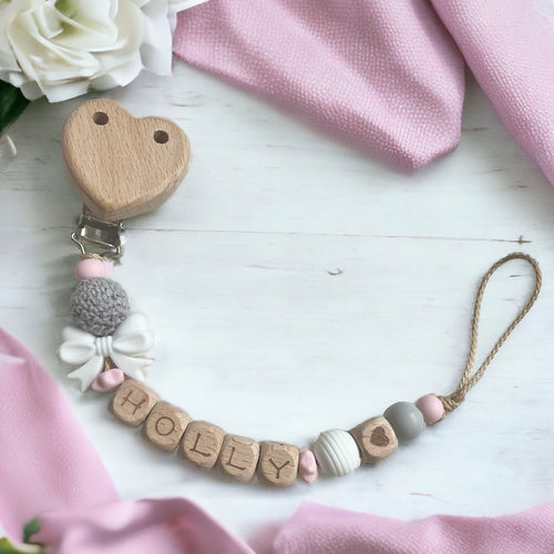 Schnullerkette Nuggikette personalisiert mit Namen Mädchen rosa grau