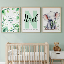 Load image into Gallery viewer, Poster Set für Kinderzimmer Bilder Wanddeko Dekoration Baby personalisiert Geschenk zur Geburt Junge Elefant

