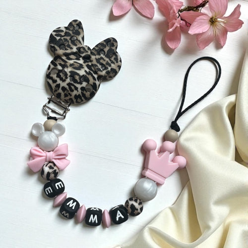 Personalisierte Schnullerkette mit Namen Mädchen Silikon schwarz beige rosa leo