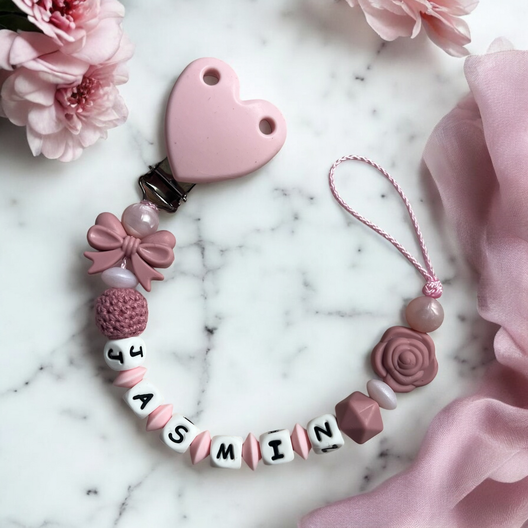 Schnullerkette personalisiert mit Namen Mädchen rosa altrosa Herz Silikon