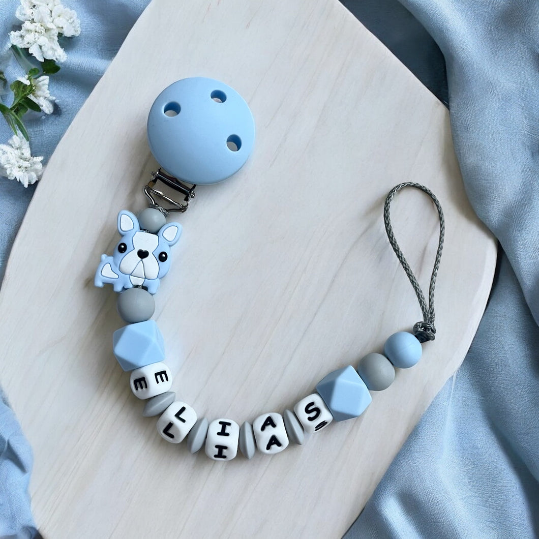 Schnullerkette mit Namen Junge Silikon personalisiert grau babyblau