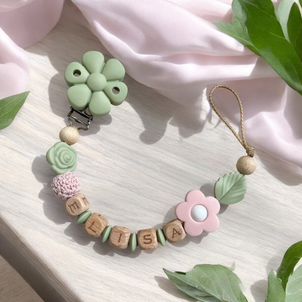 Schnullerkette mit Name personalisiert Mädchen Naturholz mit Blumen