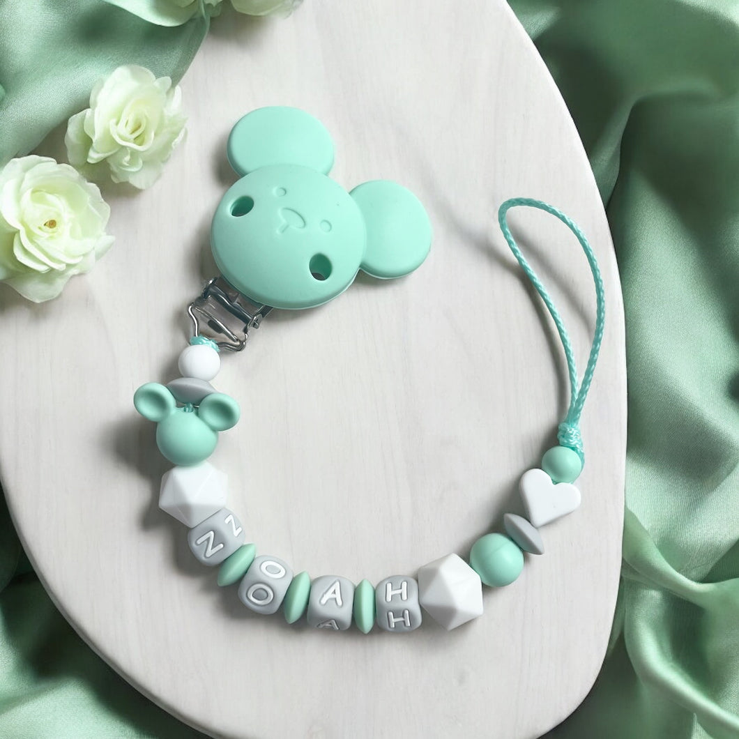 Schnullerkette mit Namen Junge Silikon Mickey Maus mint grau