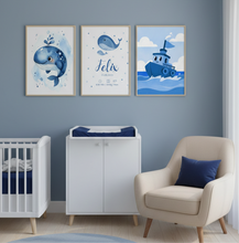 Load image into Gallery viewer, Poster Set für Kinderzimmer Bilder Wanddeko Deko Baby personalisiert Geschenk zur Geburt Junge blau
