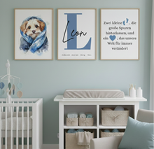Load image into Gallery viewer, Poster Set für Kinderzimmer Bilder Wanddeko Deko Baby personalisiert Geschenk zur Geburt Junge blau Hund
