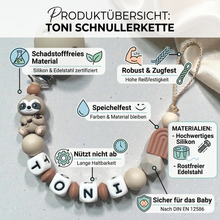 Lade das Bild in den Galerie-Viewer, Personalisierte Schnullerkette mit Namen Silikon Faultier braun beige
