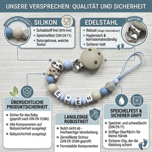 Load image into Gallery viewer, Schnullerkette mit Namen für Jungen personalisiert blau beige Silikon Faultier
