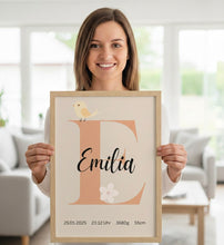 Load image into Gallery viewer, Kinderzimmer Bilder 3 Poster Set Wanddeko personalisiert Dekoration Mädchen Vogel Blumen apricot beige
