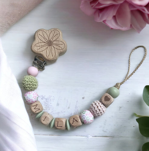 Schnullerkette Holz Natur Mädchen Blume Silikon rosa grün