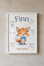 Load image into Gallery viewer, Geburtsposter Kinderzimmer Bild Poster Junge Wanddeko Babyzimmer Dekoration personalisiert mit Namen Fuchs
