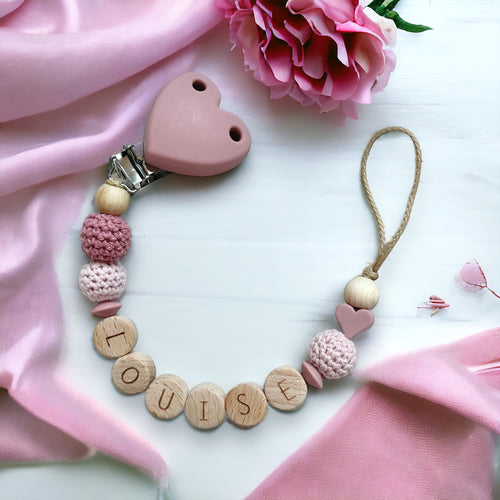Schnullerkette mit Namen Mädchen personalisiert altrosa Holz Silikon