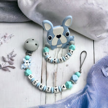 Load image into Gallery viewer, Schnullerkette mit Namen Set personalisiert Junge grau hellblau türkis
