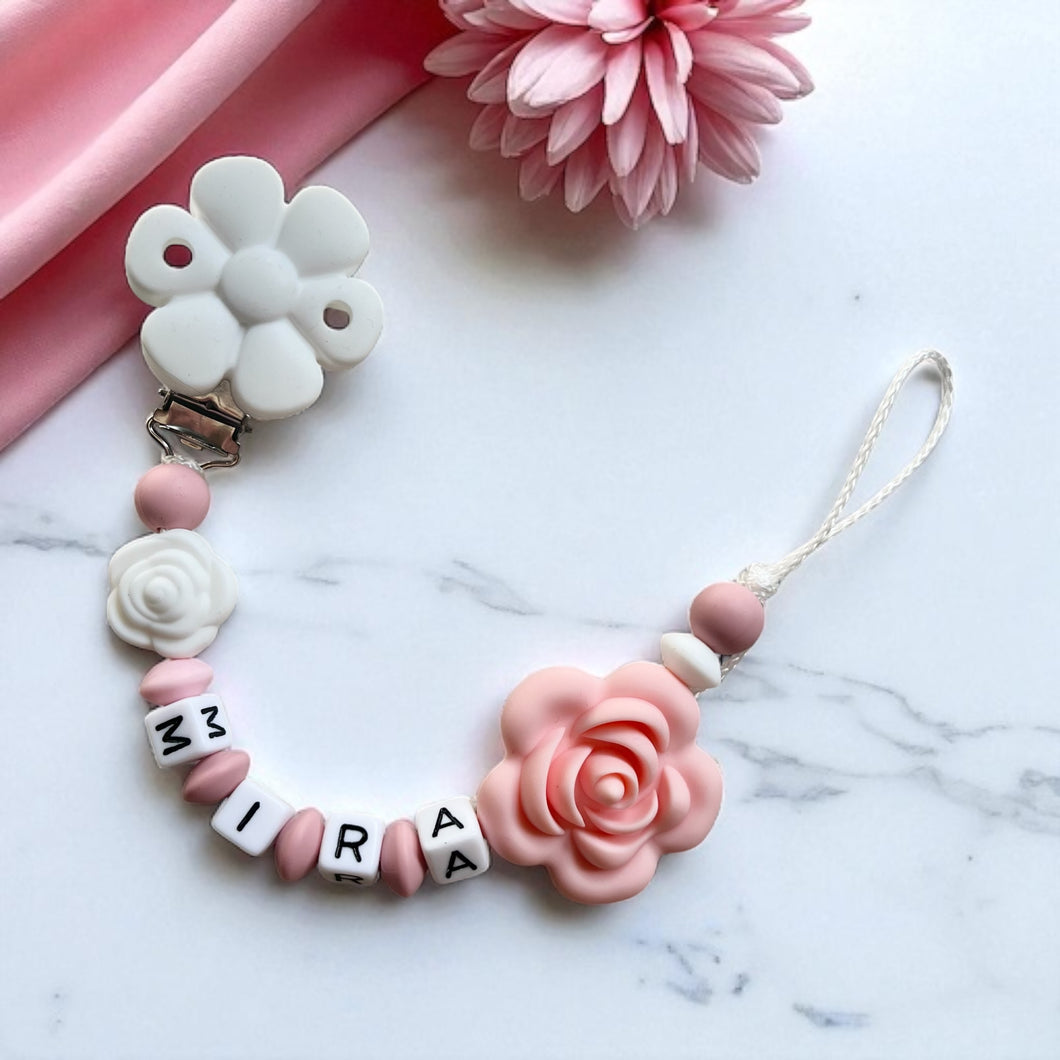 Mädchen Schnullerkette personalisiert mit Namen rosa Silikon Blumen
