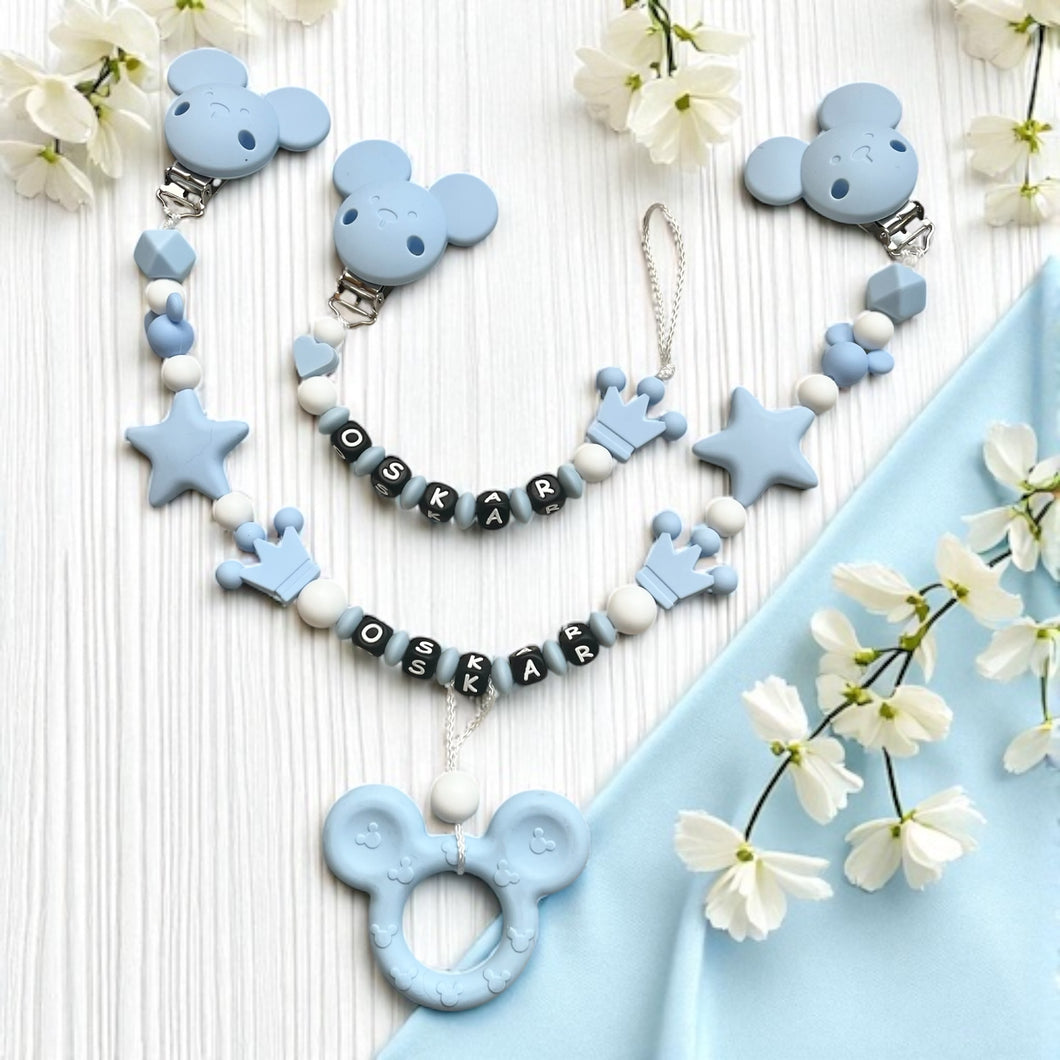 Schnullerkette Set mit Namen Junge Silikon blau weiß