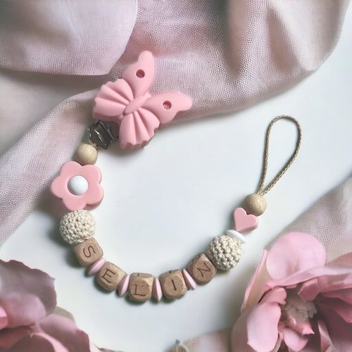 Schnullerkette Mädchen Holz Silikon Blume beige rosa mit Häkelperlen