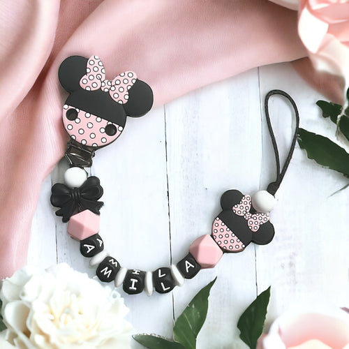 Schnullerkette Silikon Mädchen mit Name rosa schwarz Minnie Maus